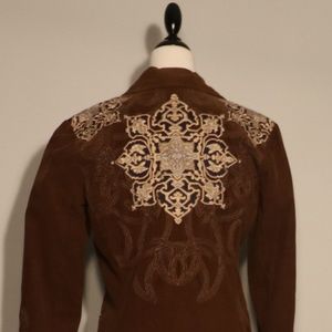Johnny Was Brown Corduroy Embroidered Trench Coat